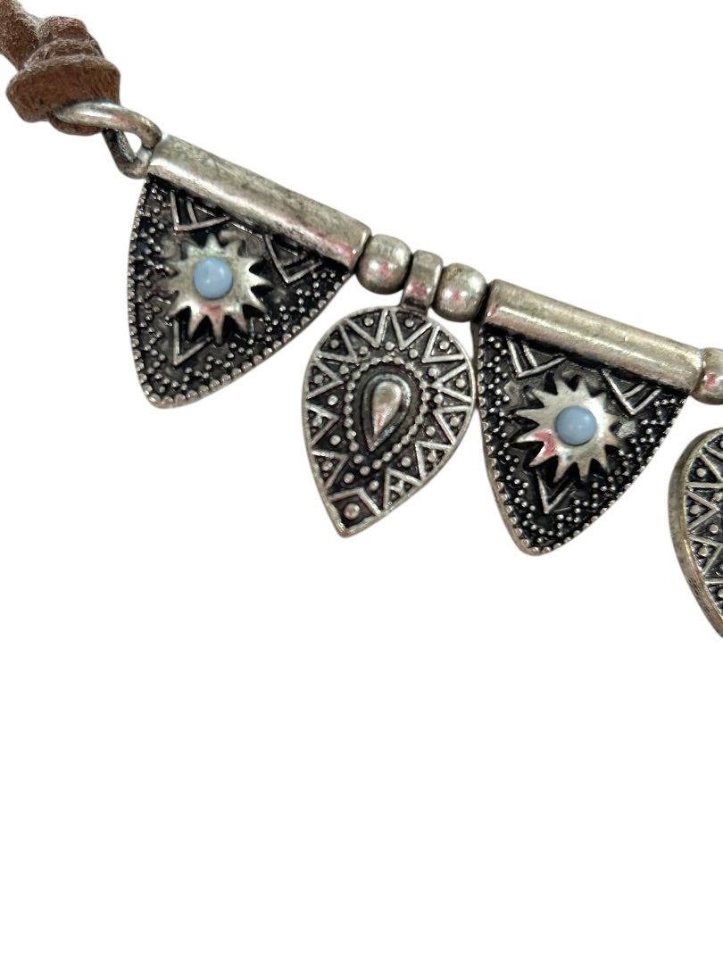 Cord and Metal Southwestern Style Necklace 15.5-18 Inch Silvertone Lobster Clasp