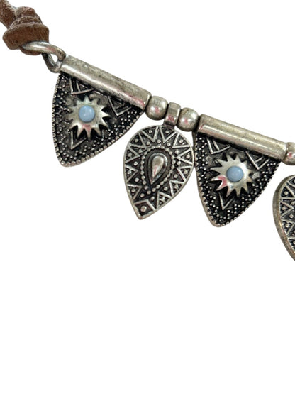 Cord and Metal Southwestern Style Necklace 15.5-18 Inch Silvertone Lobster Clasp