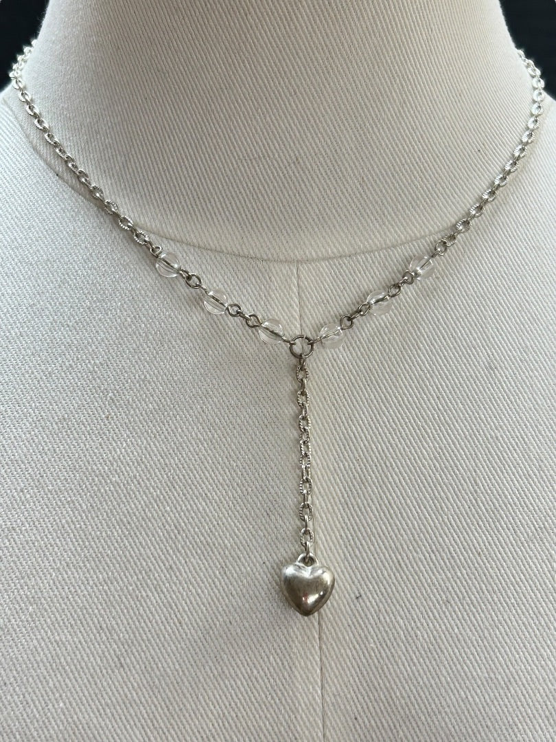Silvertone 16 Inch Necklace 2" Drop Heart Crystals Lobster Clasp