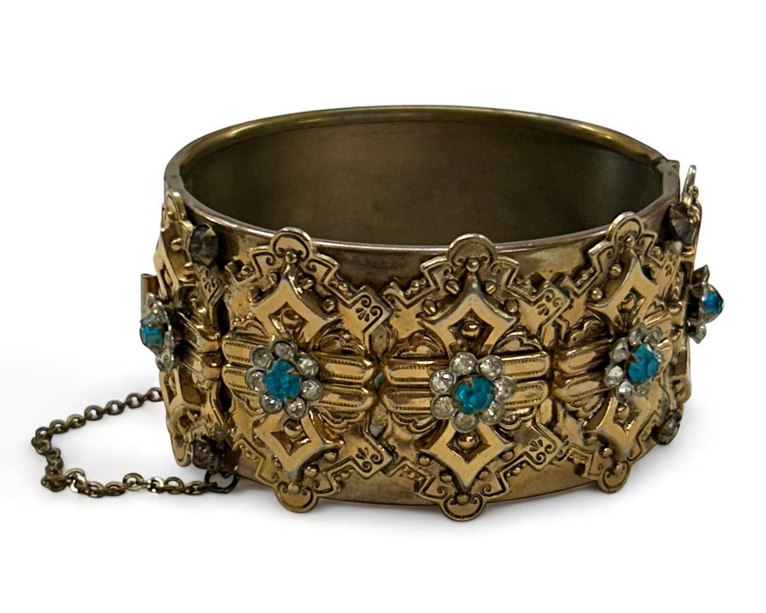 Vintage Cuff Bangle Bracelet Hinged Aquamarine Ornate
