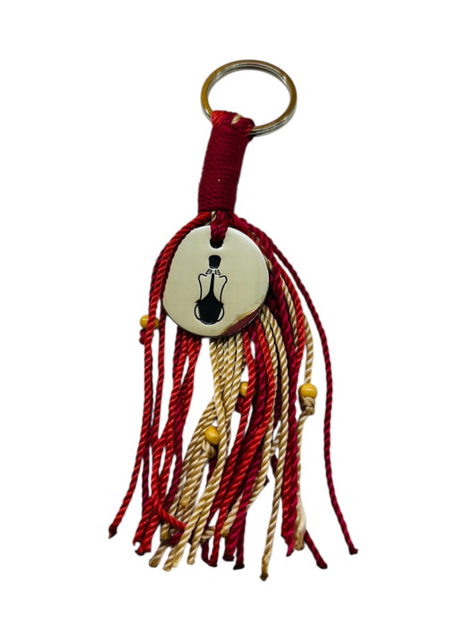 The Sac Purse Fob Tassel Red Tan Beads 6 Inch