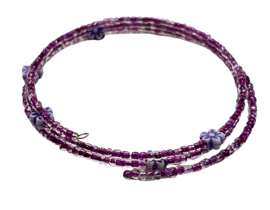 Delicate Beaded Wire Bracelet Adjustable Purple Flowers