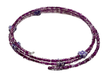 Delicate Beaded Wire Bracelet Adjustable Purple Flowers