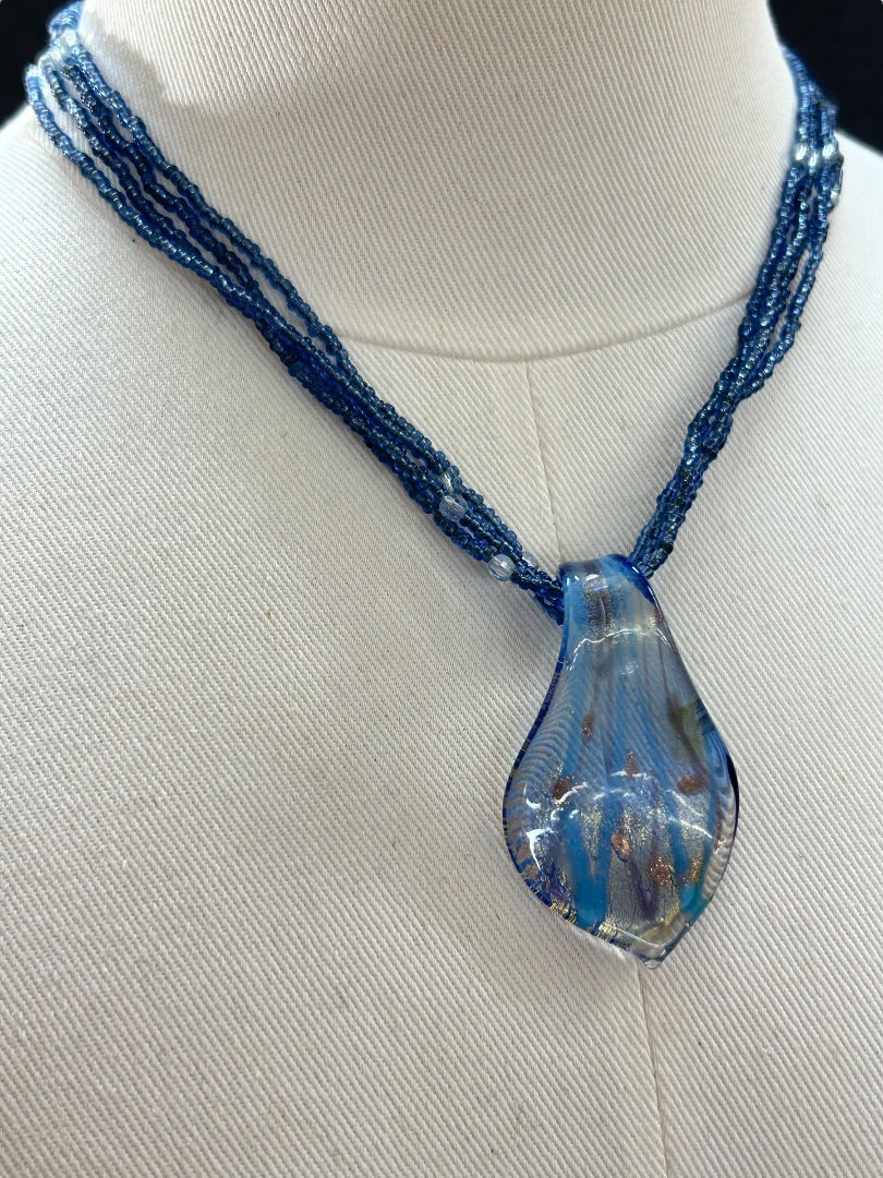 Multistrand Blue Necklace Glass Pendant 17-19 Inch Spring Clasp
