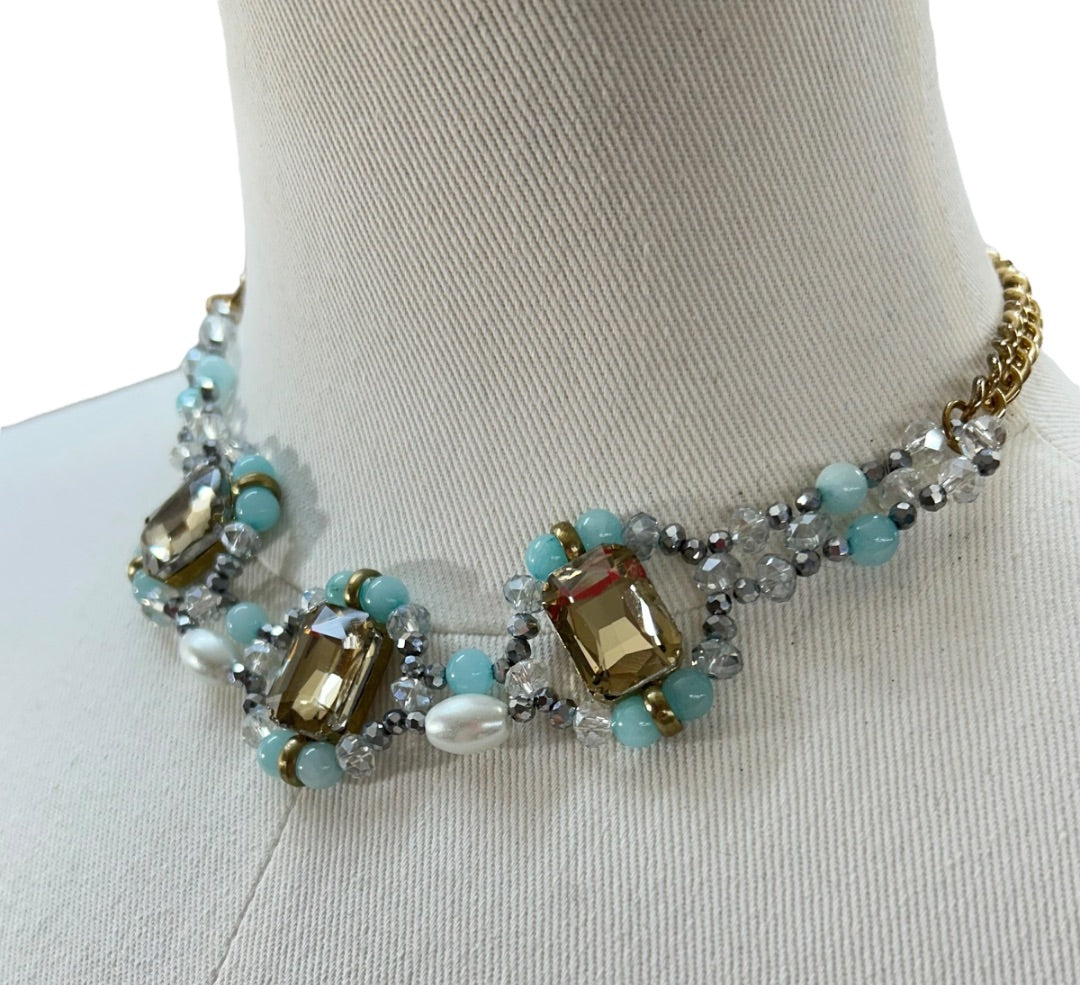 Goldtone Blue Statement Necklace 16-18 Inch Lobster Clasp Faux Pearl