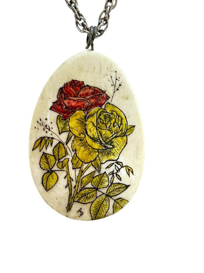 Vintage Silvertone Pendant Necklace Rose Yellow Red 23 Inch Spring Clasp