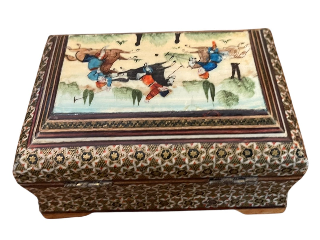 Vintage Khatam Persian Wooden Turkish Trinket Box Hinged Hand Painted