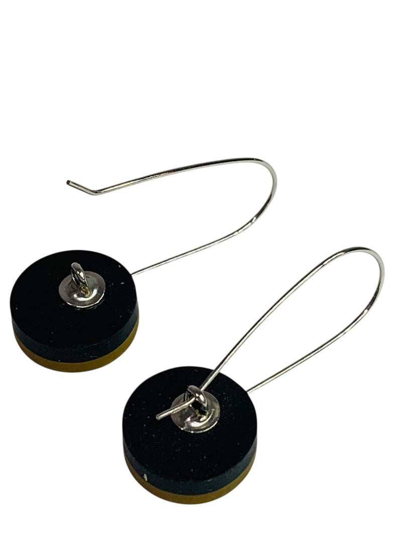 Yellow Black Wire Hook Pierced Earring Circle 1.5 Inch Drop Lightweight