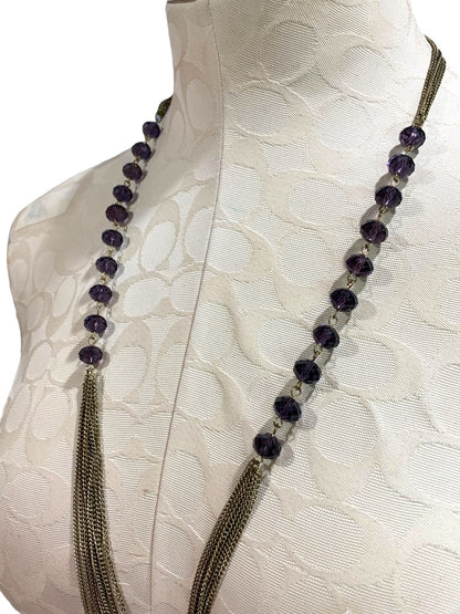 Goldtone Purple Beaded Tiered Necklace Long 32 Inch 5" Drop