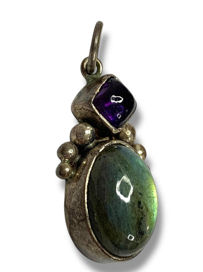 Vintage Pendant Silvertone and Green Purple 1.25 Inch Drop