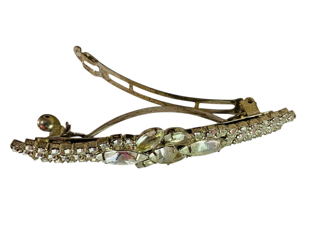 Ornate Rhinestone Barrette 3.5 Inch Vintage Hair Accessory Silvertone