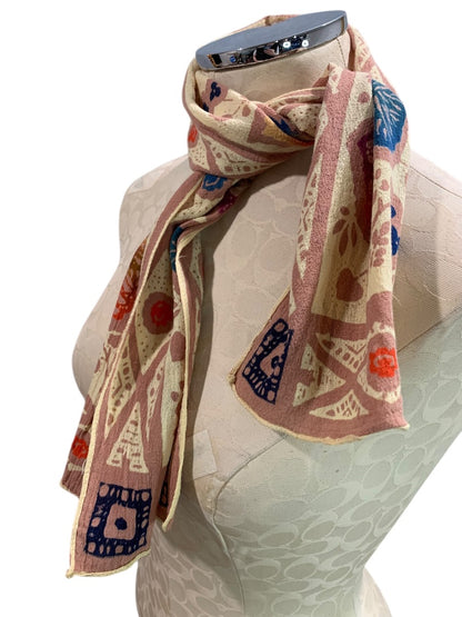 Vintage Linen Blend Boho Scarf Leaf Print 40 x 10 Inch