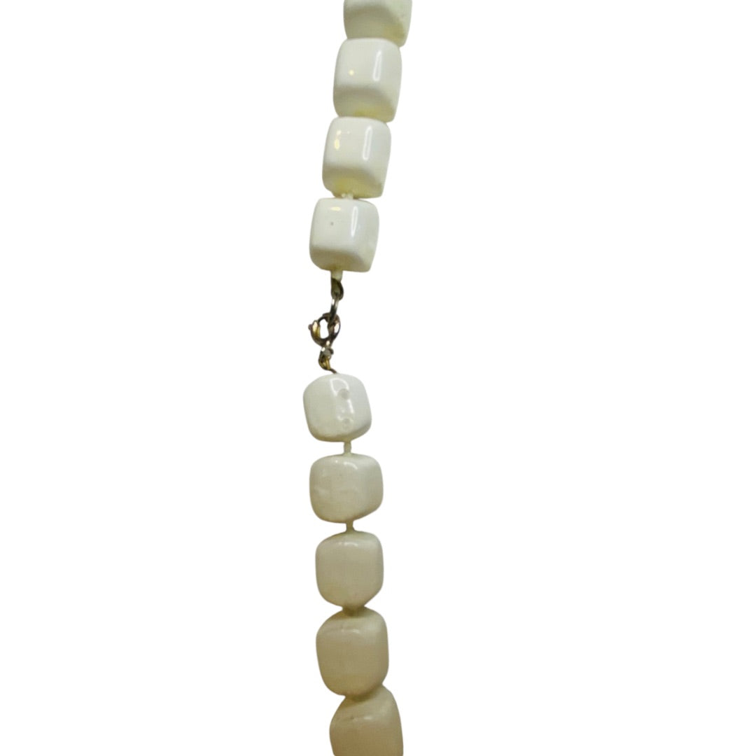 Vintage White Square Beaded Necklace 24 Inch Spring Clasp