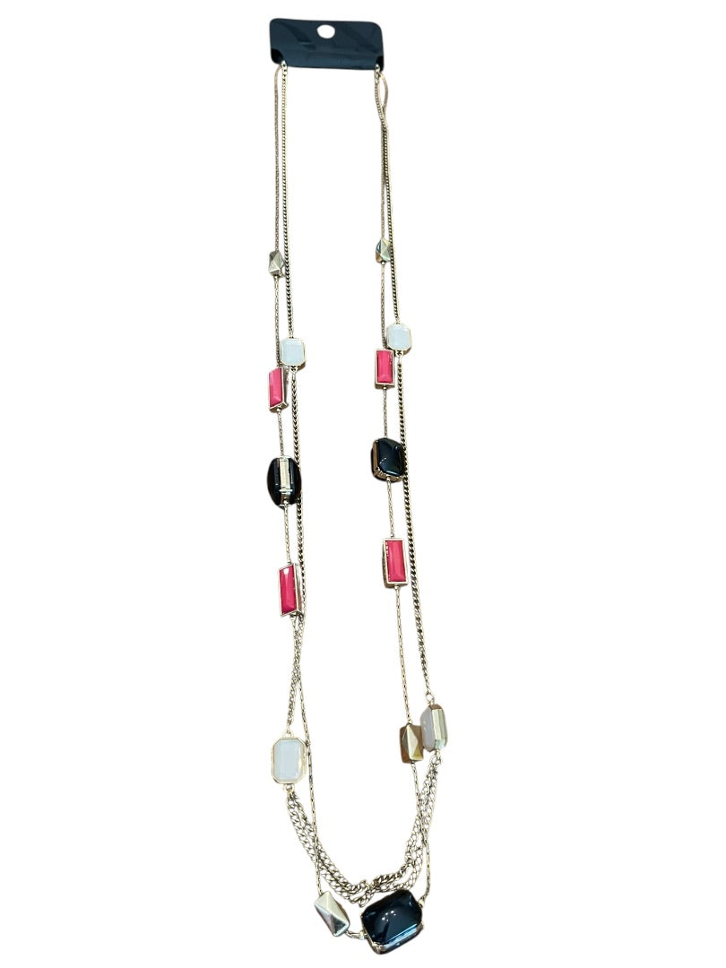 New York & Company 2 Strand Goldtone 37 Inch Beaded Necklace Black White Pink