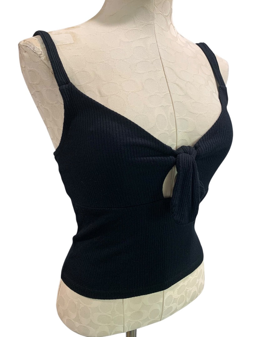 Large Forever 21 Crop Tank Top Shirt Womens Black Ribbed Tie Front
