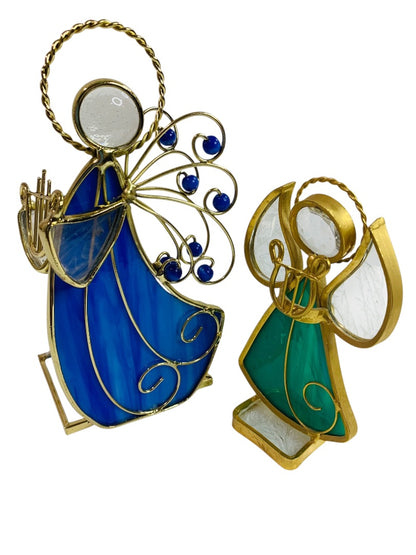 Vintage Tabletop Stained Glass Angels Goldtone Blue Green