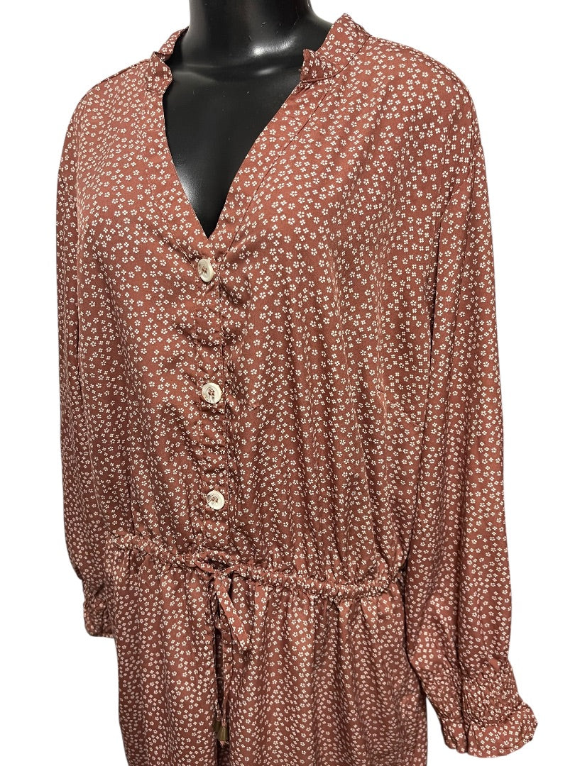 3X Indulge Floral Long Sleeve Tie Waist  Dress Brown Retro