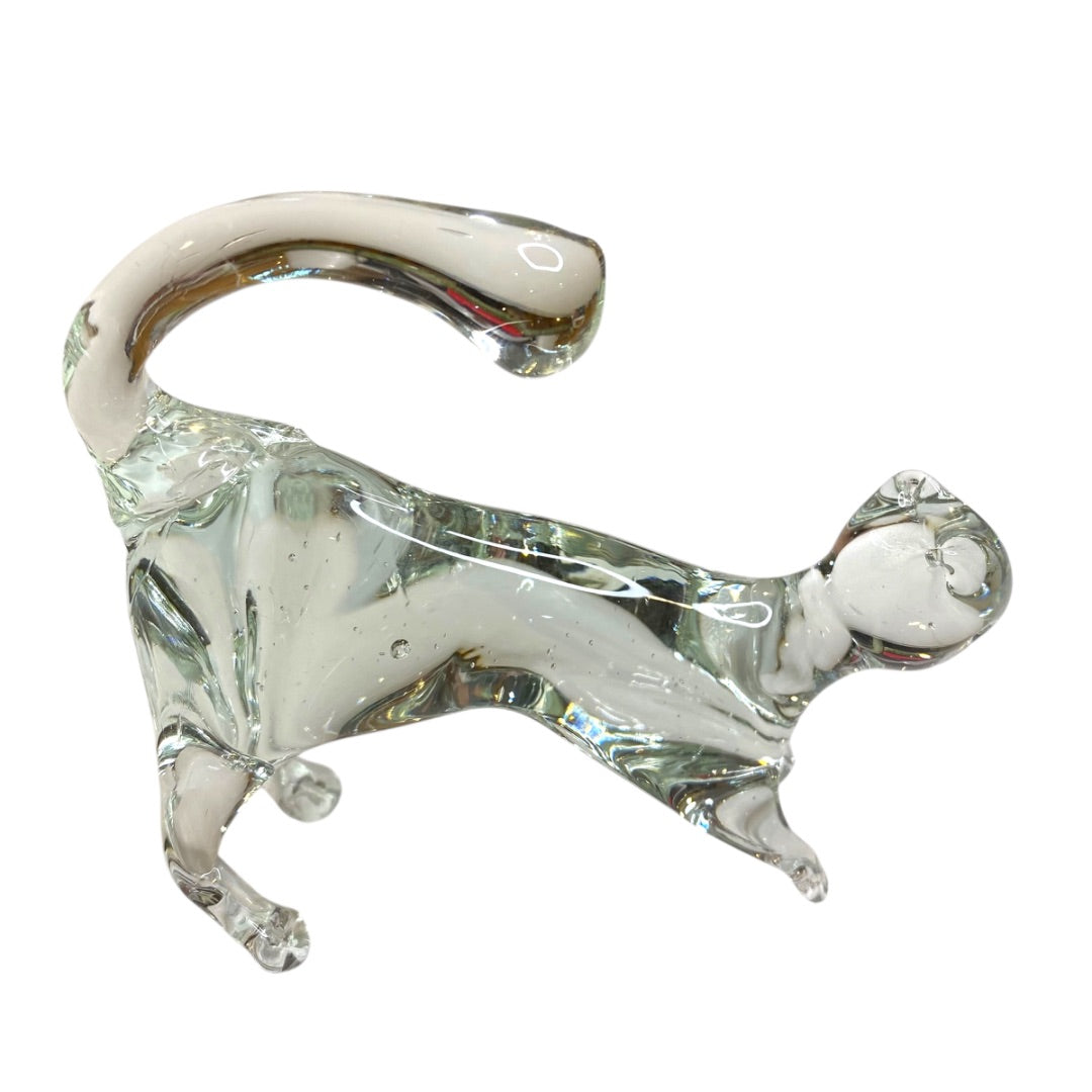 Handblown Glass Clear Cat Stretching 3.5"h x 4.25"l