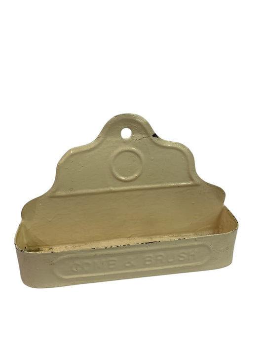 Retro Tin Wall Hanging Comb and Brush Shelf Holder Ivory Distressed