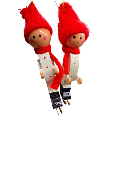 Vintage Wooden Christmas Holiday Ornaments Ice Skaters 3"