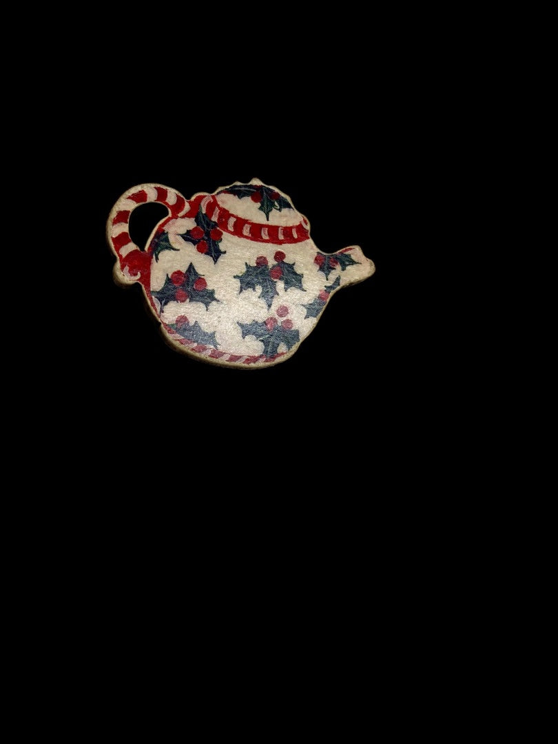 Wooden Teapot Pin Brooch Holiday Holly Christmas 1.75"