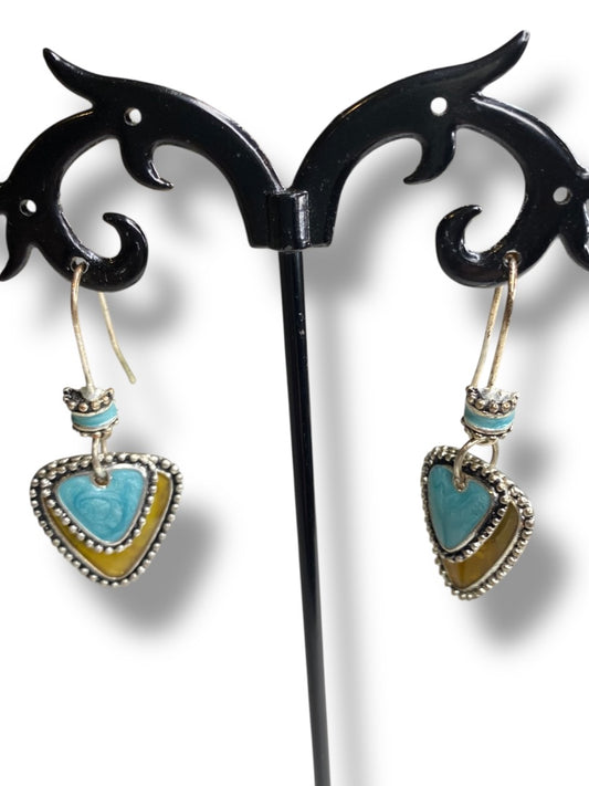 Silvertone Fishhook Earrings Triangular Shape Enameled 1.5" Drop