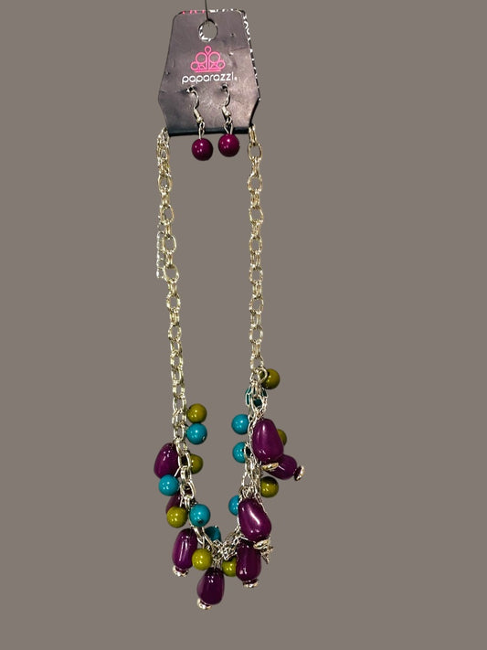Paparazzi New Silvertone Necklace and Earring Set Purple Teal Chunky 28"