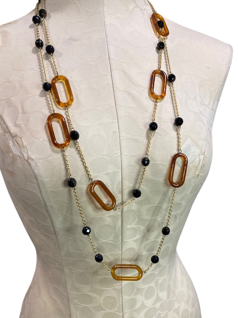 Goldtone Amber Color Black Beaded Necklace Long 70" Lobster Clasp