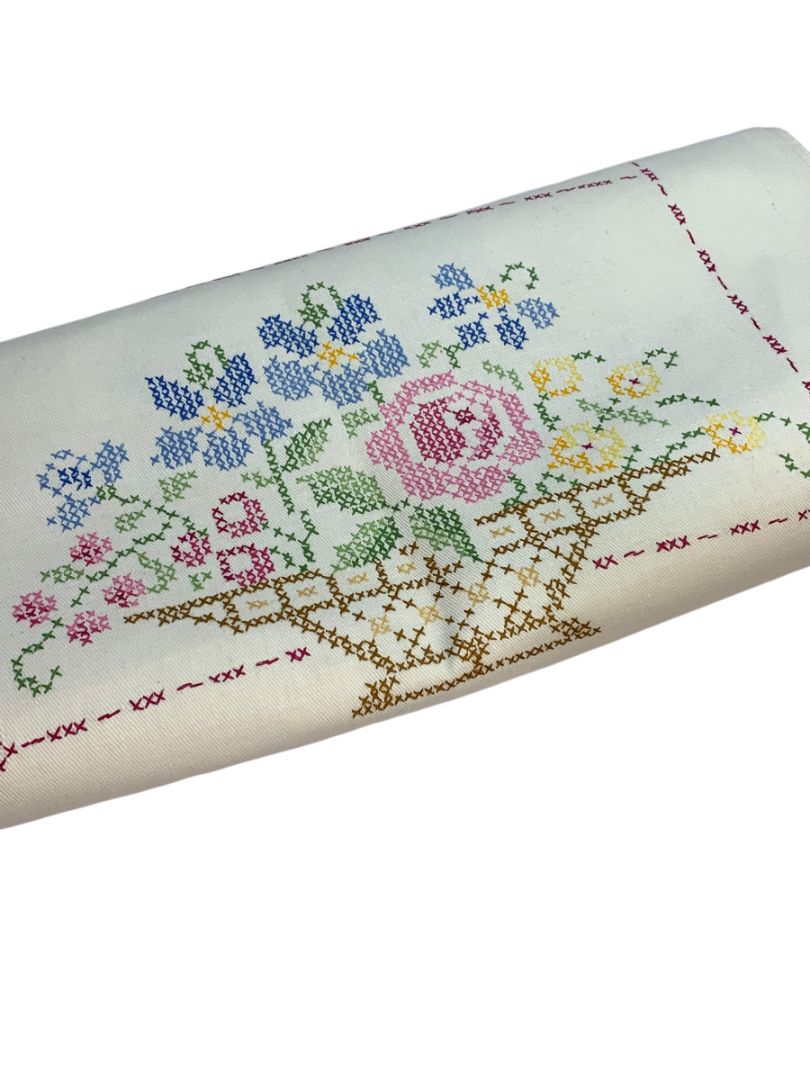Vintage Cross Stitch Table Runner Floral Staining 17" x 42"