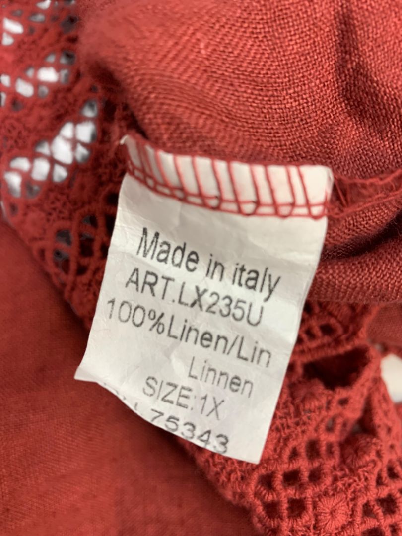 1X Lungo L'arno Womens Crochet Trim Tunic Scoop Neck Roll Tab Sleeve Linen