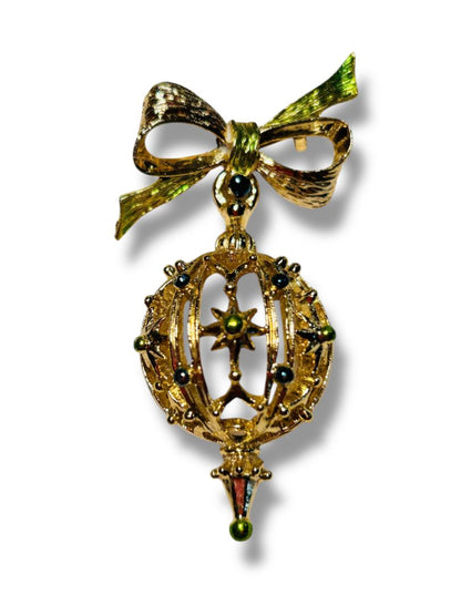 Vintage Goldtone Ornament Ball Brooch Pin 2.25" Green Blue
