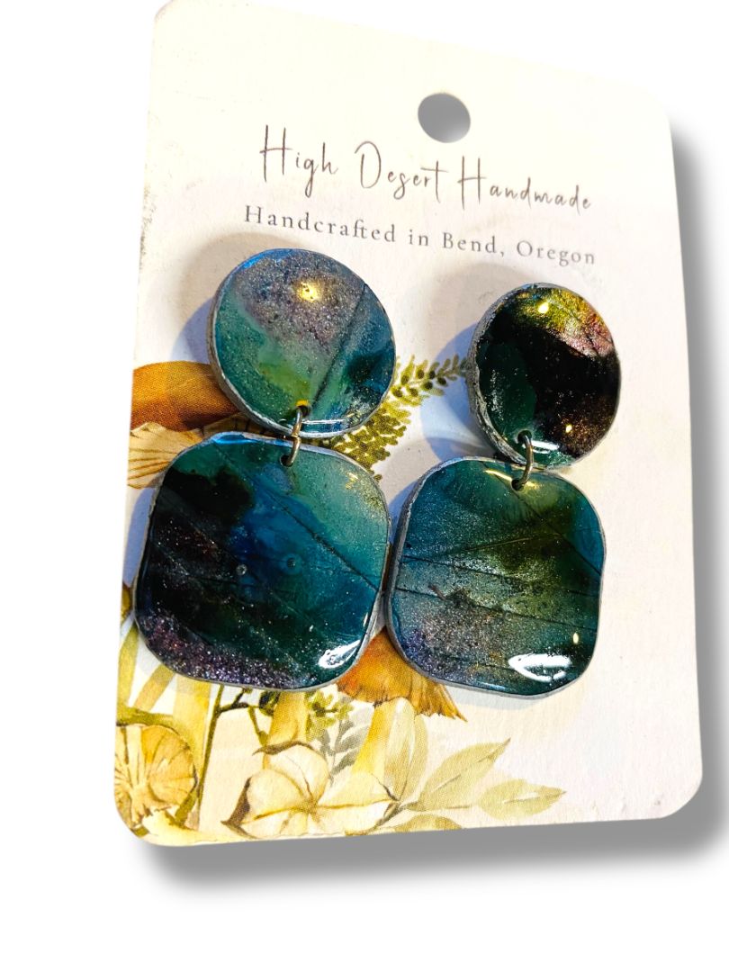 Handmade Resin Earrings High Desert Green Blue Post Pierced 1.75" Drop New