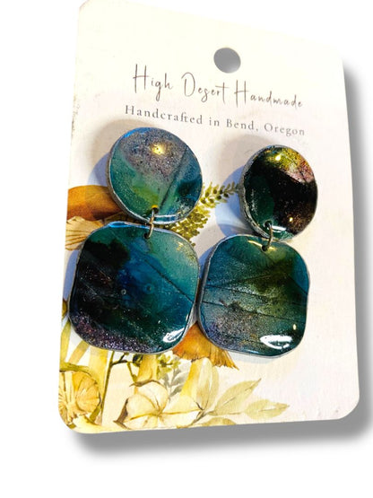 Handmade Resin Earrings High Desert Green Blue Post Pierced 1.75" Drop New