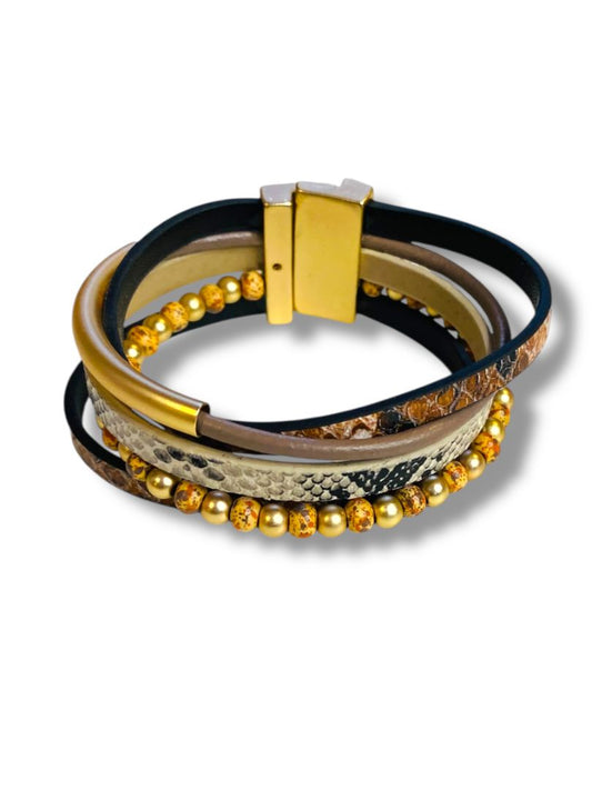 Magnetic Closure Cuff Multi Leather Beaded Bracelet 7.5"