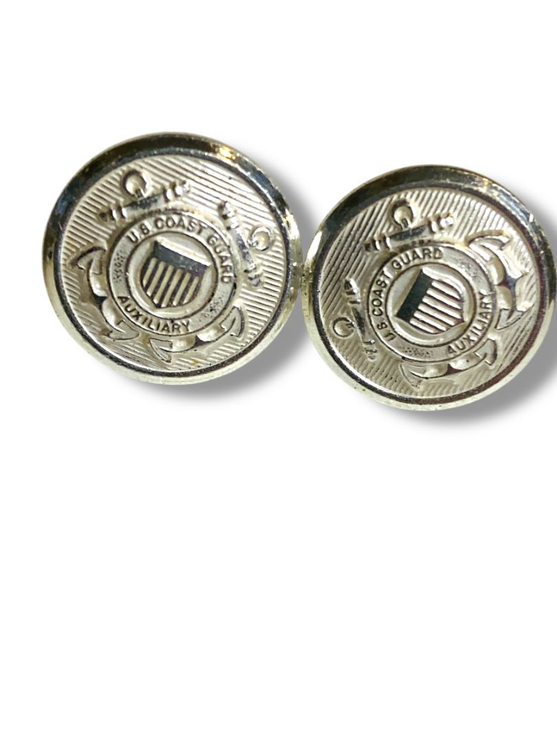 Set of 2 US Coast Guard Auxillary Silvertone Screwback Cap Button Pin Vintage .5"