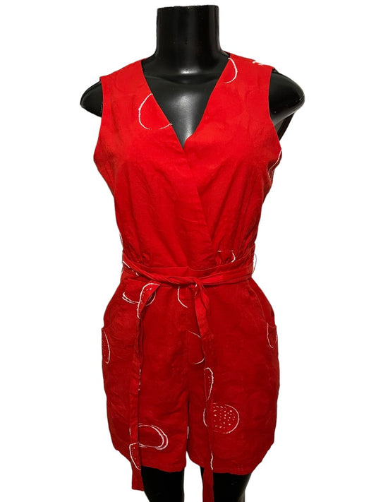 XS Eva Franco Anthropologie Women's Circle Print Romper Red Front Tie