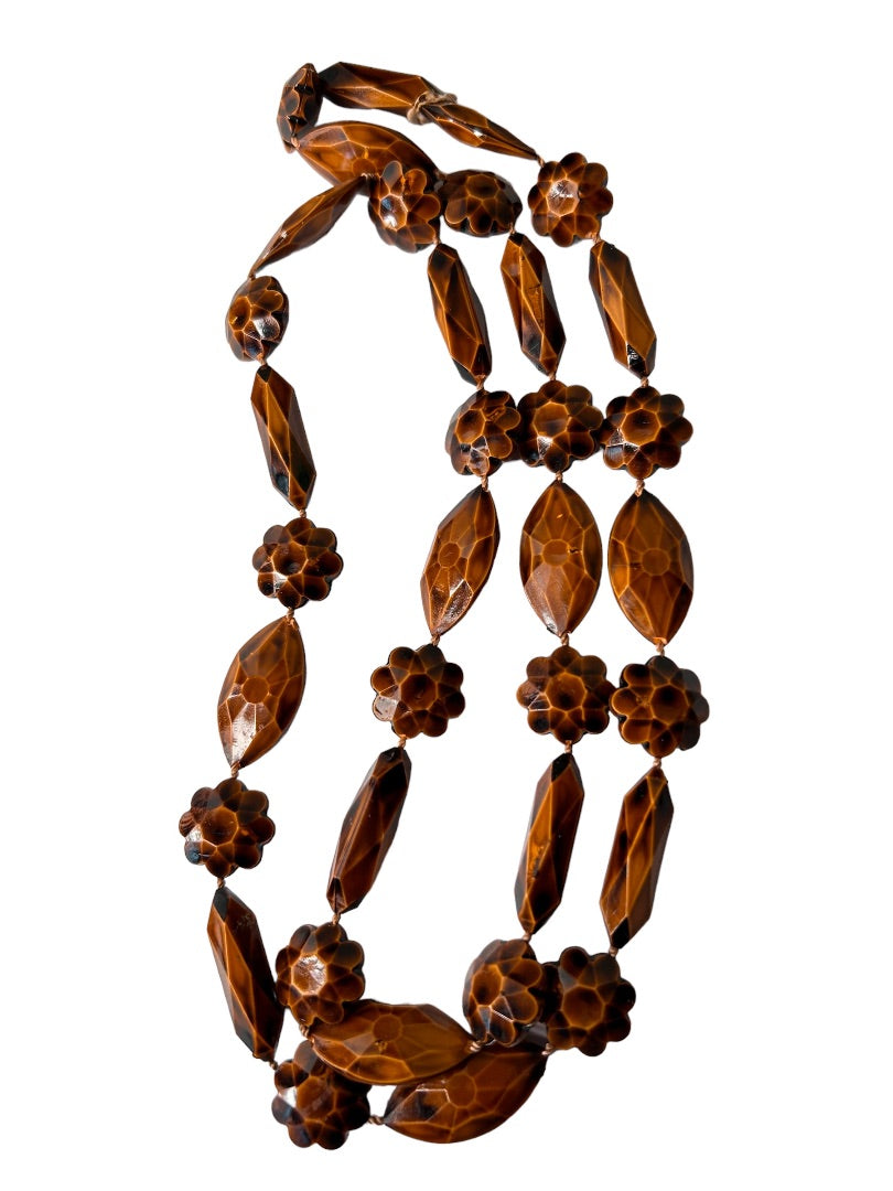 Plastic Wood Look Floral Faceted Beaded Necklace 29" Strand Boho Festival 1970s Vintage