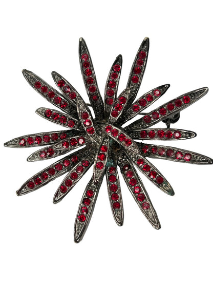 Vintage Red Crystal Silvertone Dramatic Flower Brooch Pin 2" Diameter