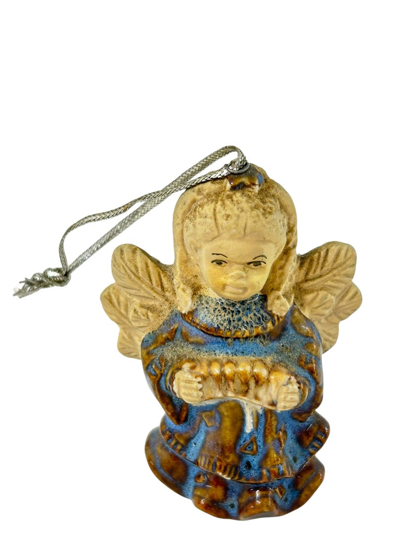 Stoneware Angel Ornament Holiday Christmas Blue Dress Accordian 2.5"h