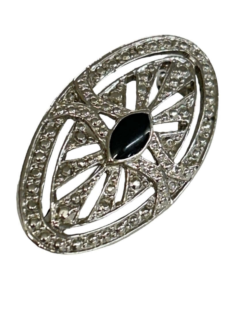 Vintage Silvertone Oval Brooch 1.75" Textured Black Jewel