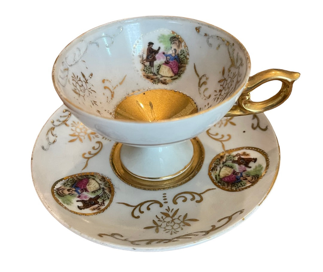 Porcelain with Gold Trim Footed Demitasse Cup and Saucer Set Maruei Courting Couple