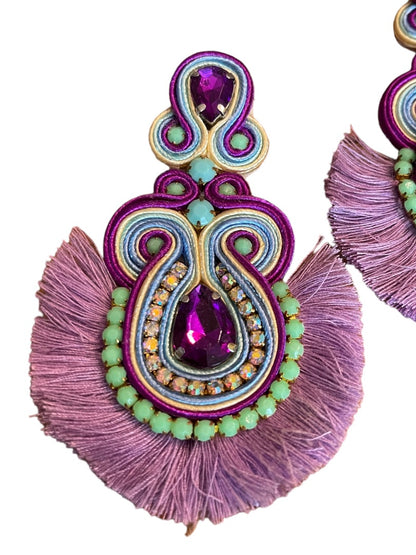 Soutache Post Earrings Purple Teardrops Fringe 4" Drop Dangle Post Pierced