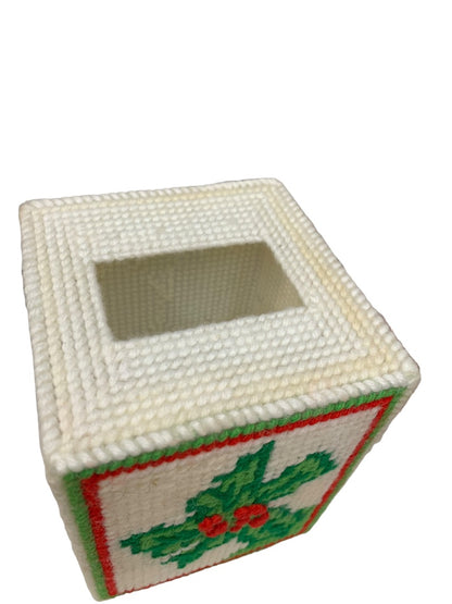 Vintage Cross Stitch Holly Berry Christmas Tissue Box Cover 5.5. x 4.5 x 4.5