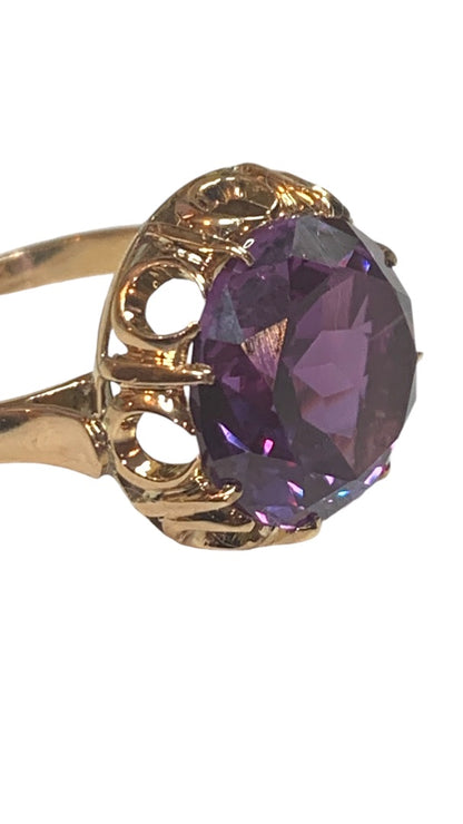 14k Yellow Gold Lab Created Round Amethyst Solitaire Ring Size 7.5