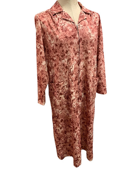 Large Leo-Danal Vintage 1970s Pink Zip Front House Dress Pockets Pullover Shoulder Pads