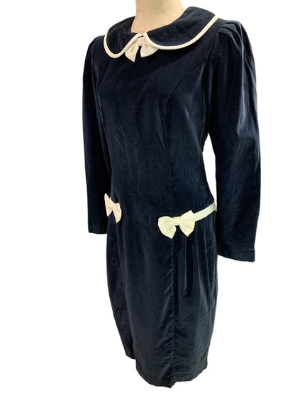 Medium Vintage 1960s Velvet Dress Navy Blue Ivory Box Trim