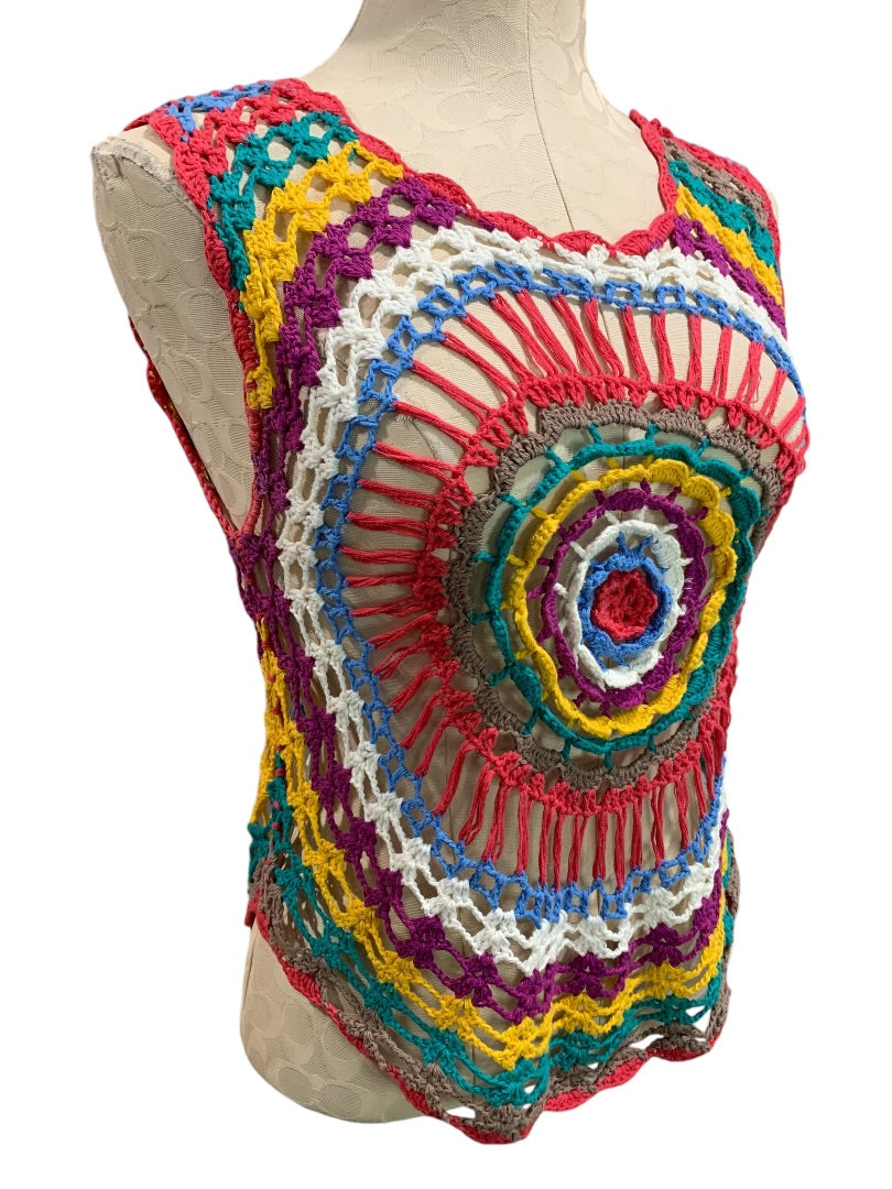 Small Mak B Womens Rainbow Cotton Crochet Tank Shirt Top Open