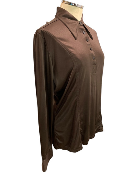 Large Tarmi Vintage 1970s Brown Polyester Womens Shirt Pullover Point Collar