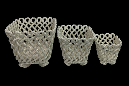 Vintage Spanish Pottery Woven Rope Nesting Baskets Vases Set of 3