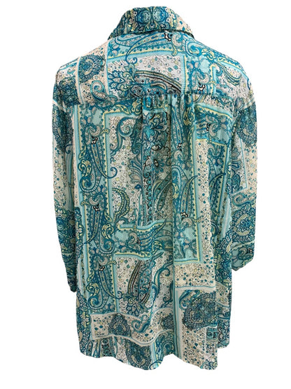 2X Rebecca Malone Plus Size Sheer Button Up Shirt Paisley Blue Silver